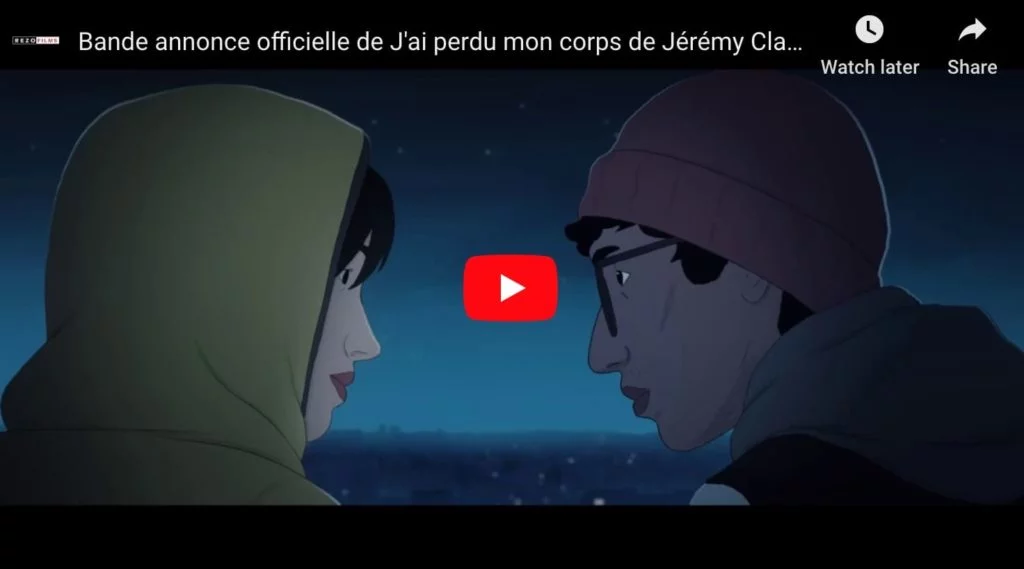 een screen capture van de trailer van de Franse animatiefilm J 'ai perdu Mon Corps( I lost my body), twee cartoon jongens praten