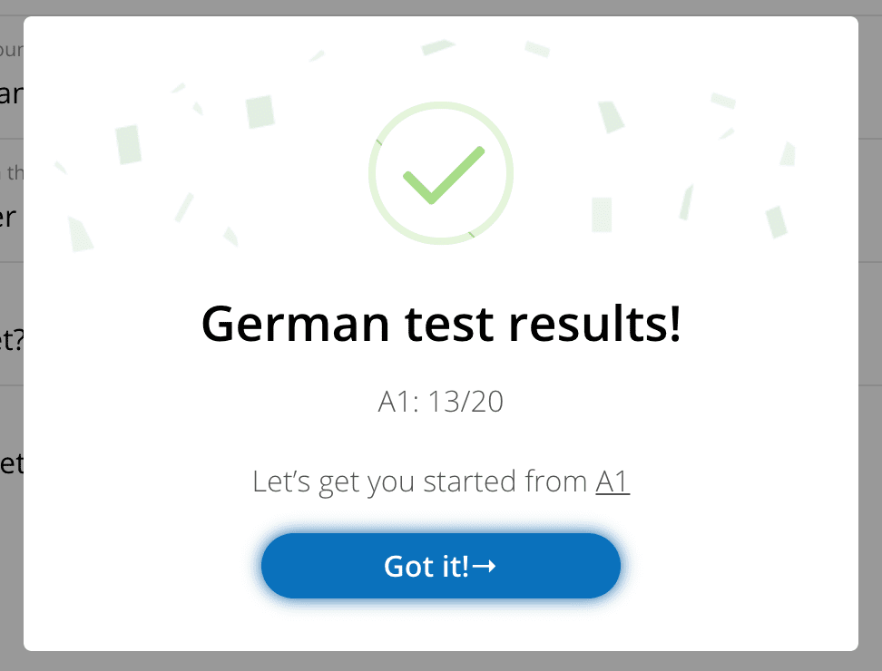 Ergebnisse des Einstufungstests für Deutsch in glossika